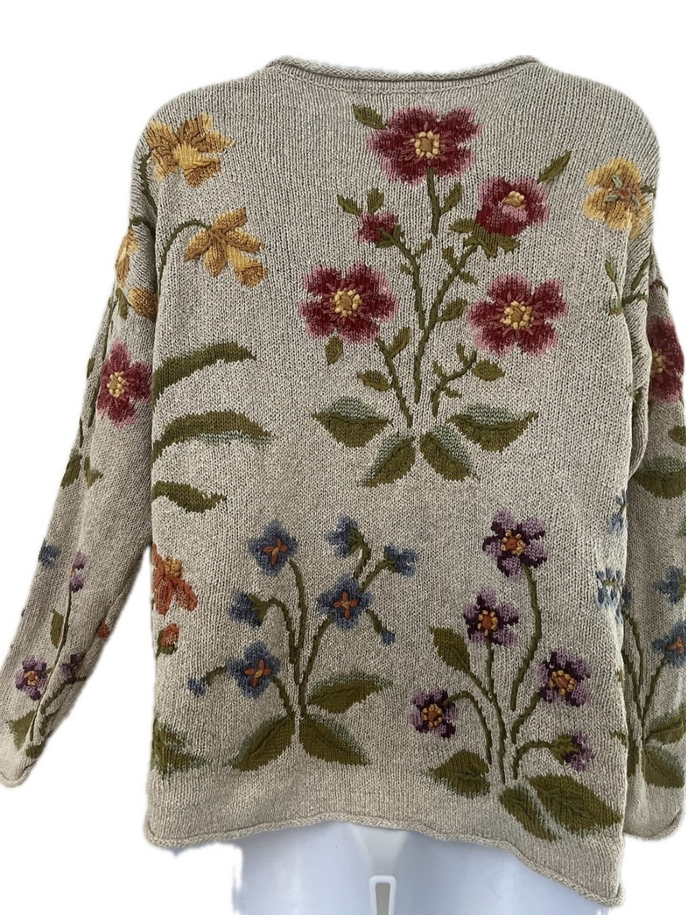 VTG Northern Isles Embroidered Floral Knit Sweater Beige Size Medium Cottagecore - Picture 3 of 14